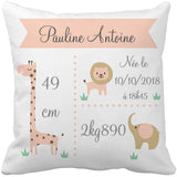 Housse de coussin statistiques de naissance "jungle" rose clair