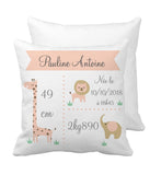 Housse de coussin statistiques de naissance "jungle" rose clair